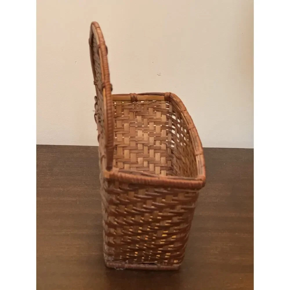 Woven Wicker Basket Two Tone Brown Pocket Flat Back Boho Farmhouse Decor Storage